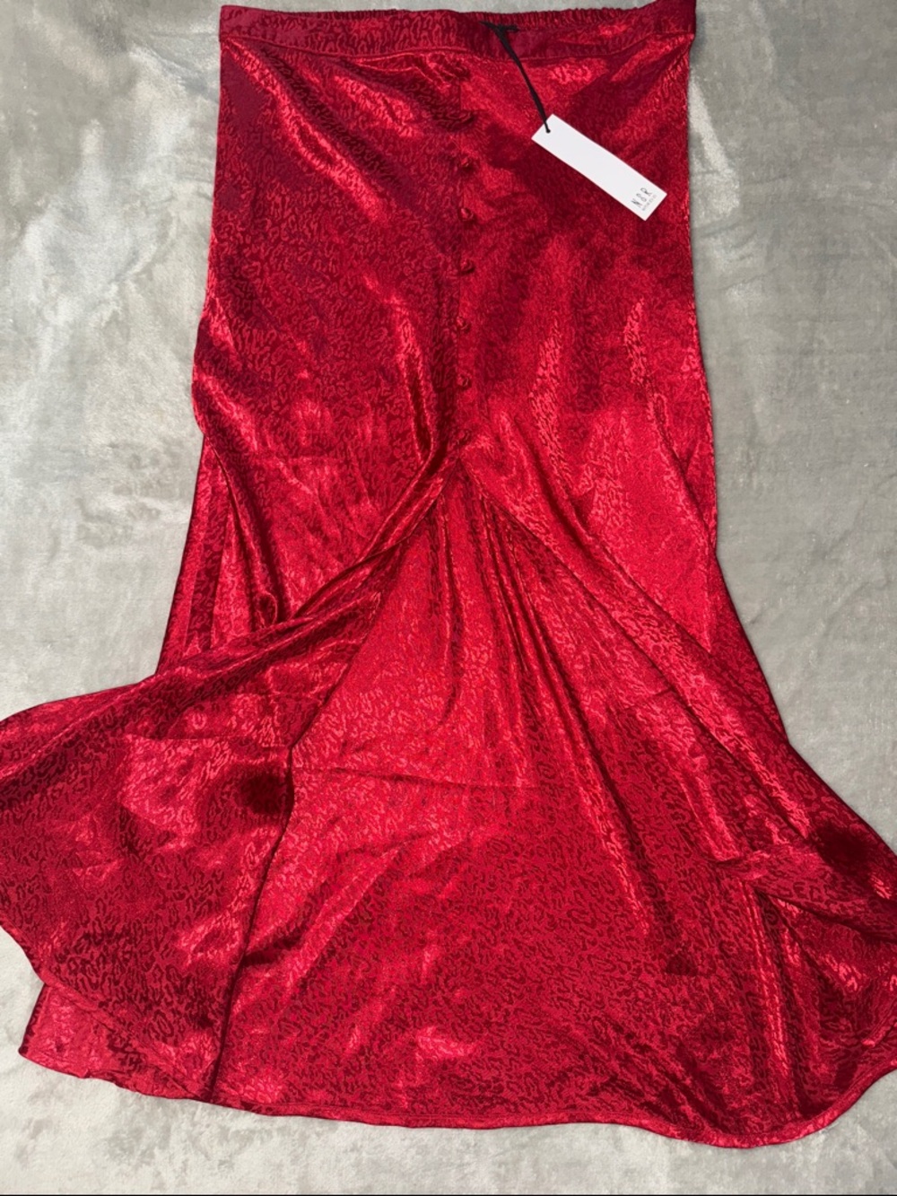 NSR Red Satin Maxi Skirt with Subtle Texture and front slit - Picture 4 of 9